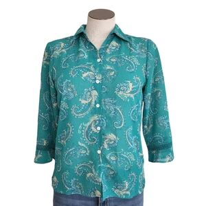 Liz Claiborne Teal Sheer Paisley Print Button Qurtar Sleeve Women's Top Size SP